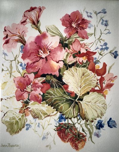 Petunias, Lobelias, Begonias and Strawberries in a Terrace Pot by Joan Thewsey
